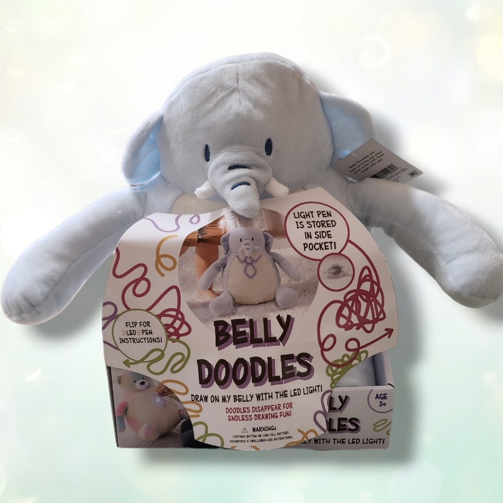 BELLY DOODLES PLUSH ELEPHANT DRAW ON BELLY WITH INCLUDED LED LIGHT PEN AGES 3+